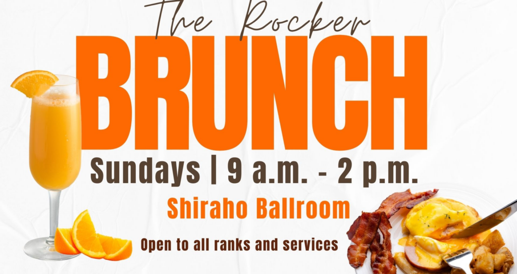 Brunch buffet at The Rocker Club featuring eggs, pancakes, bacon, and brunch favorites
