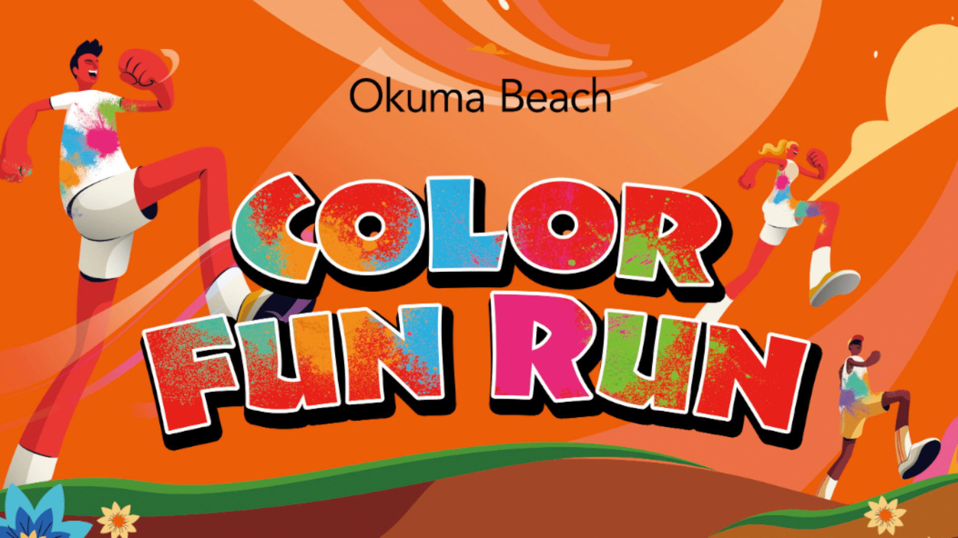 Participants taking part in the Okuma Beach Color Fun Run, running along the shoreline with colorful powder.