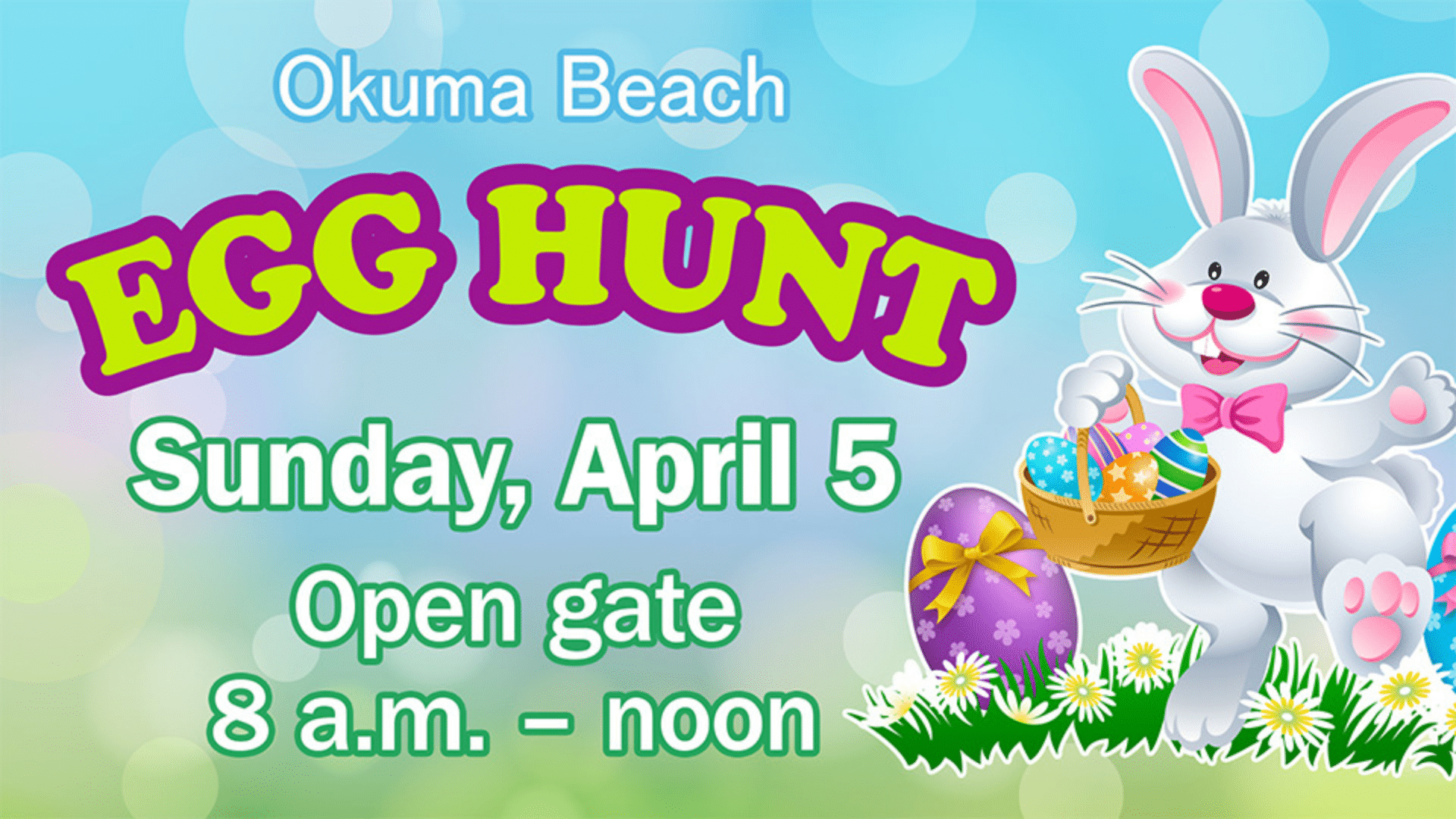 Promotional image for the Okuma Beach Egg Hunt featuring participants searching for eggs on the beach.